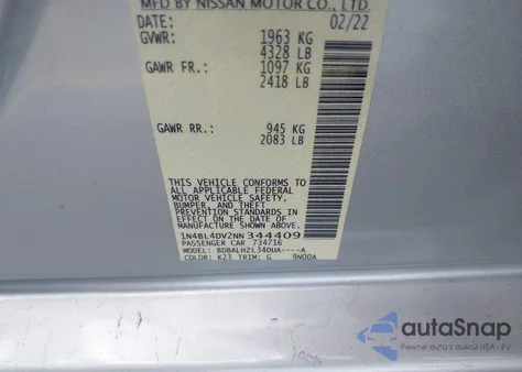 2022 Nissan Altima Sv Fwd из США, поврежденный, VIN 1N4BL4DV2NN344409